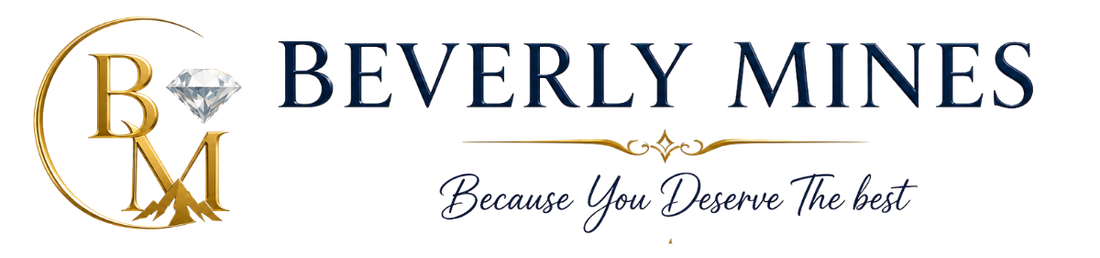 Beverly Mines logo with a gold circular monogram and diamond icon on the left, navy text reading BEVERLY MINES, and the phrase 'Because You Deserve The best' in dark script on a white background.